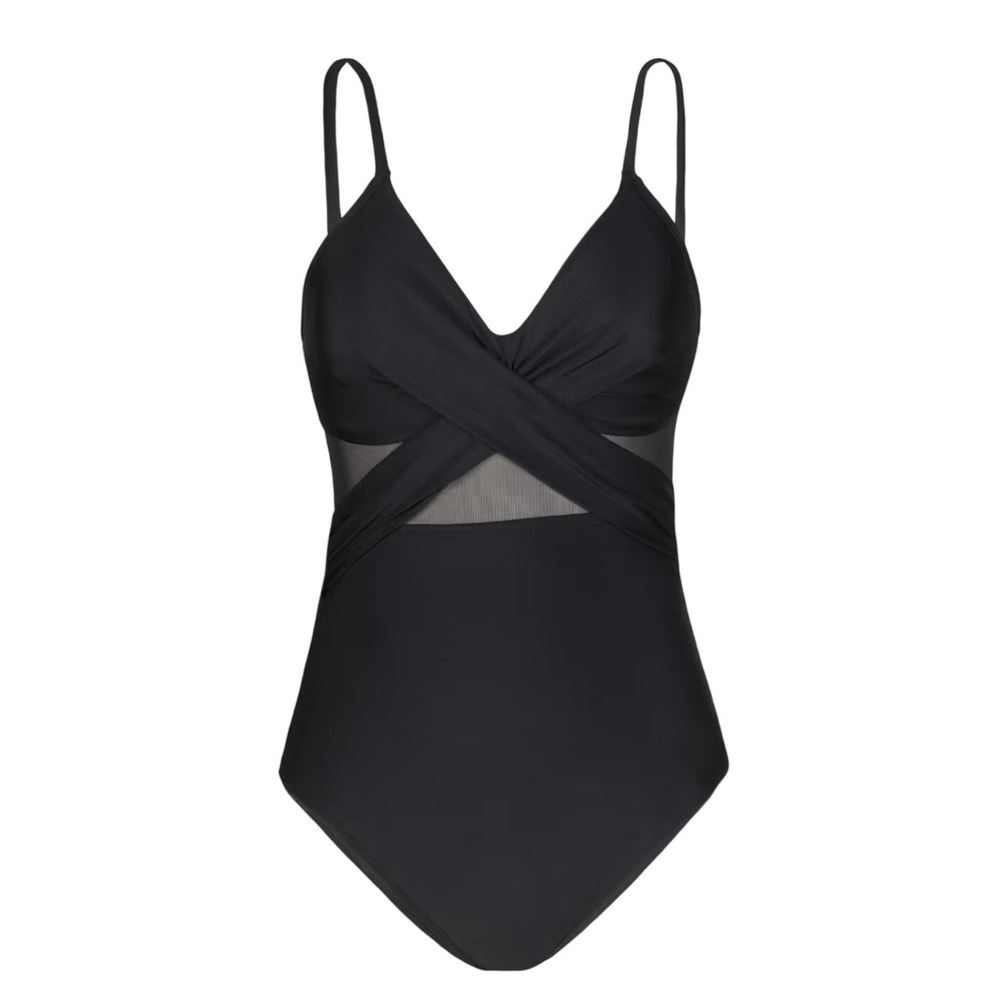 Cupshe Black Wrap Front Mesh One Piece Swimsuit V-Neck Adjustable Straps Size XS